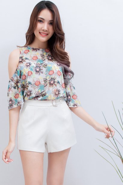 Open Shoulder Floral Chiffon Blouse