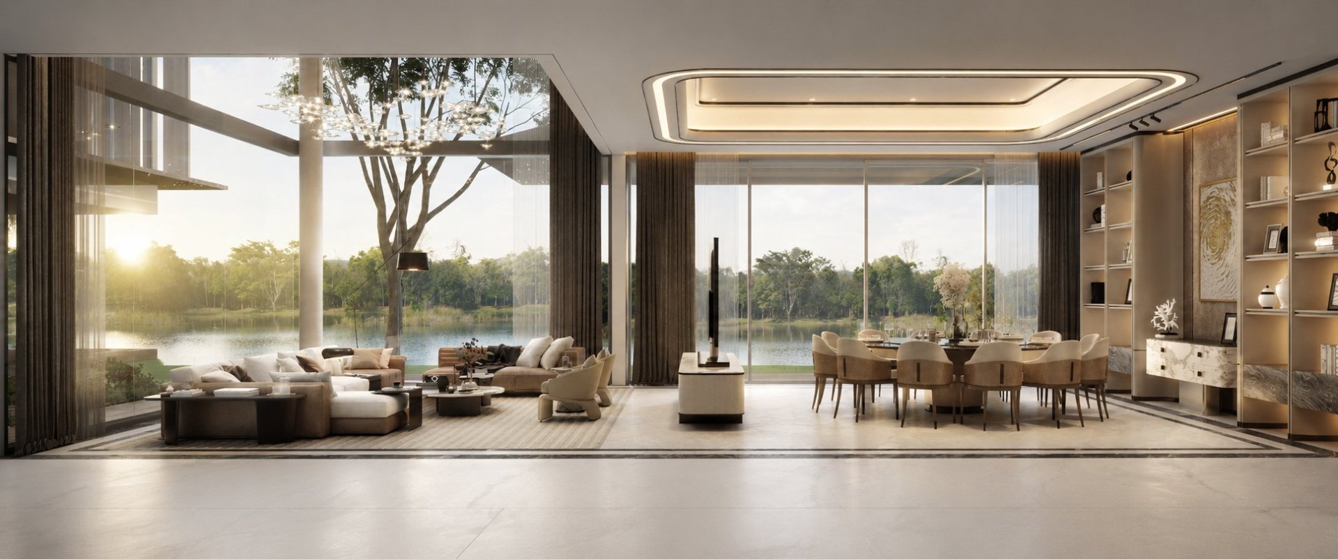 The Lake House living and dining areas planned around the project scope