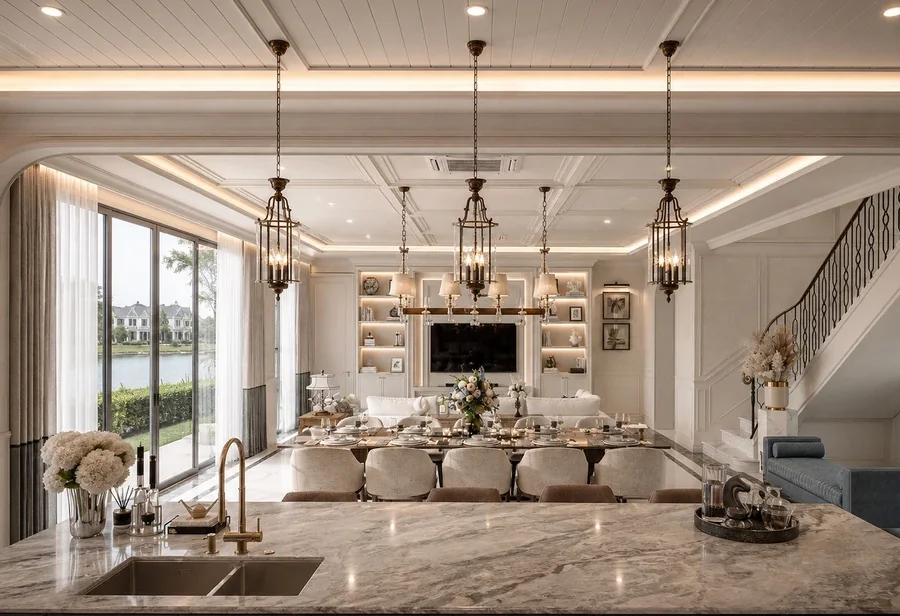 ห้องรับประทานอาหารพร้อมโต๊ะยาวและโคมไฟ — Penthouse Design Group ห้องรับประทานอาหารพร้อมโต๊ะยาวและโคมไฟ — Penthouse Design Group