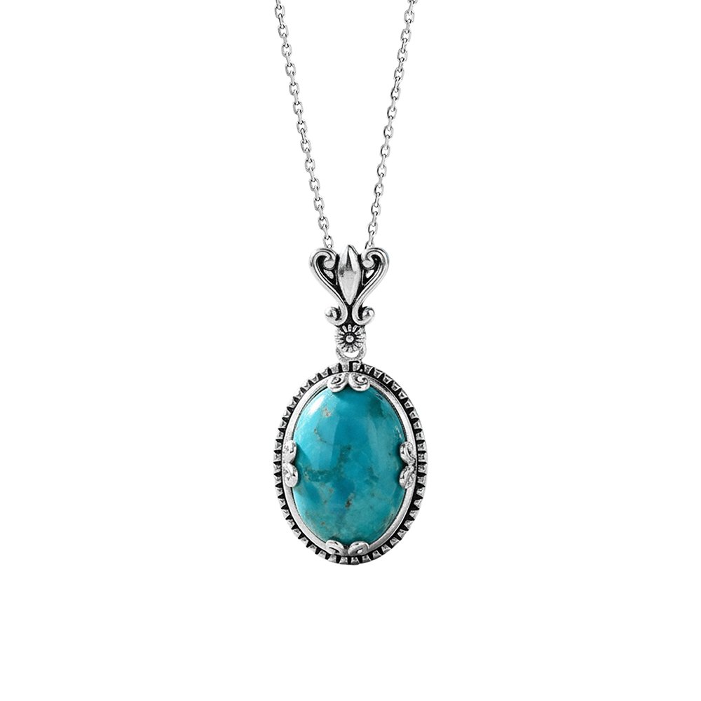 Oval Turquoise 925 Sterling Silver Vintage Filigree Pendant Necklace