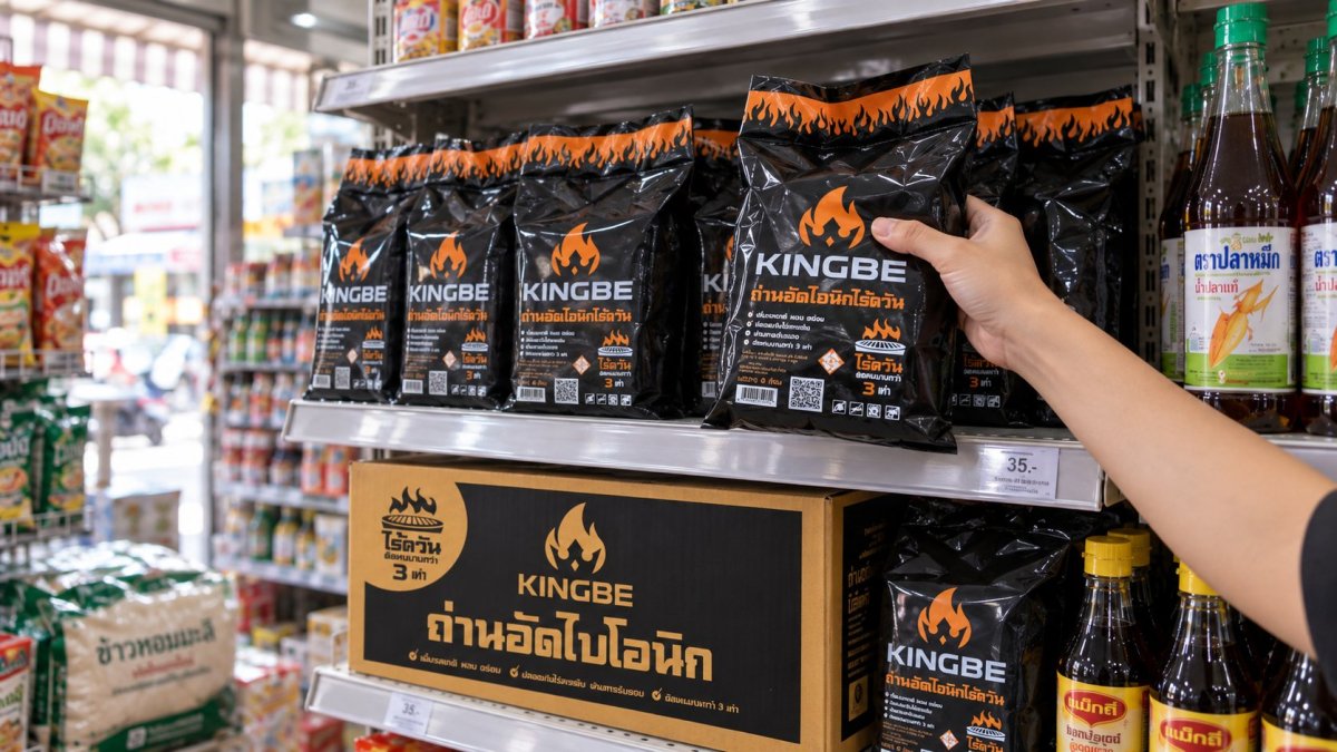 ลูกค้าหยิบถุงถ่าน KINGBE จากชั้นวางในร้านชำ