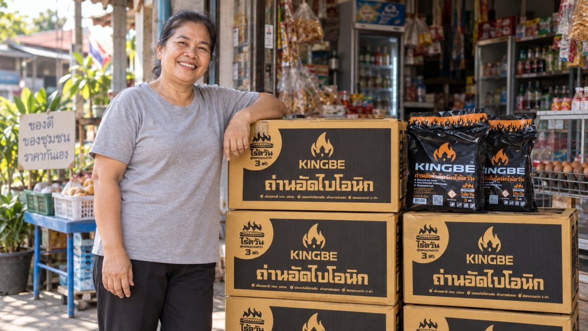 เจ้าของร้านชำยืนข้างลังถ่าน KINGBE หน้าร้าน