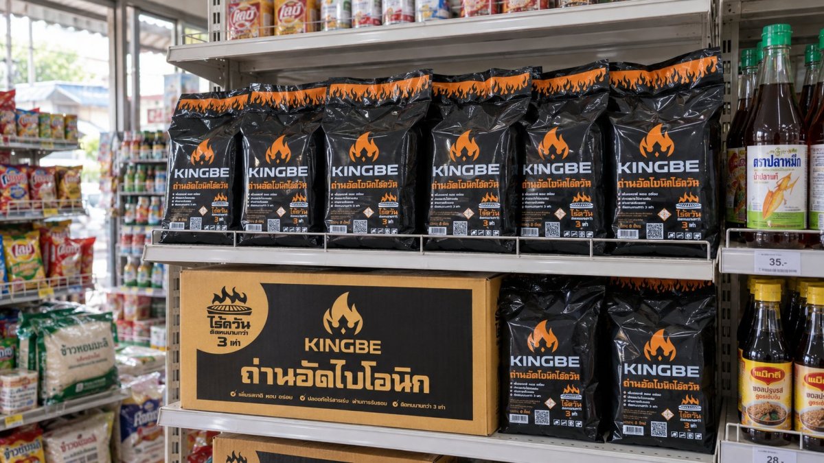 ถุงถ่าน KINGBE เรียงบนชั้นวางในร้านชำ