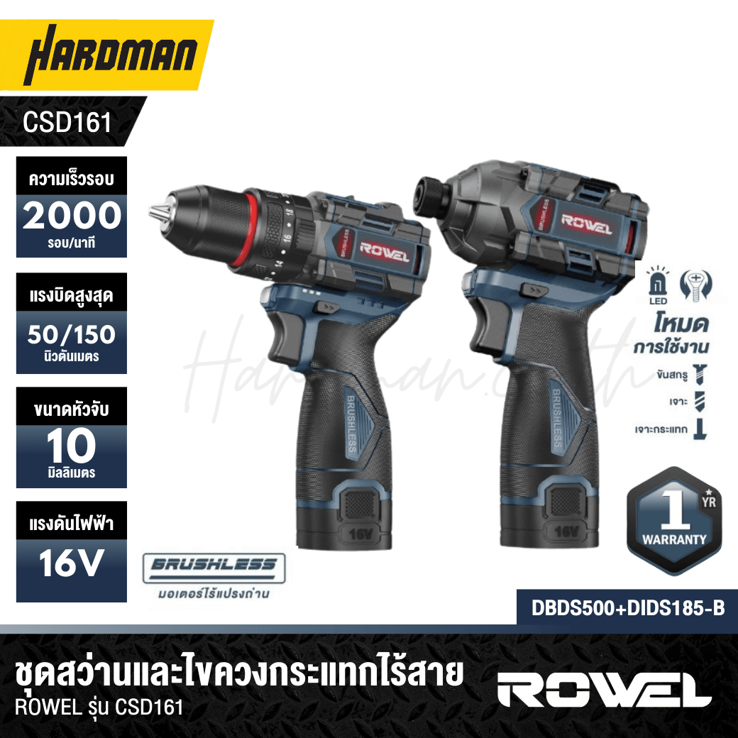 ROWEL CSD161 16V Cordless Brushless Combo Kit – Impact Drill & Impact ...