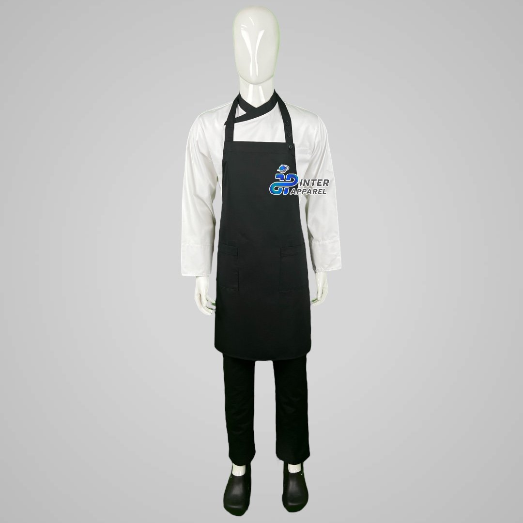 all-black, full-body apron.