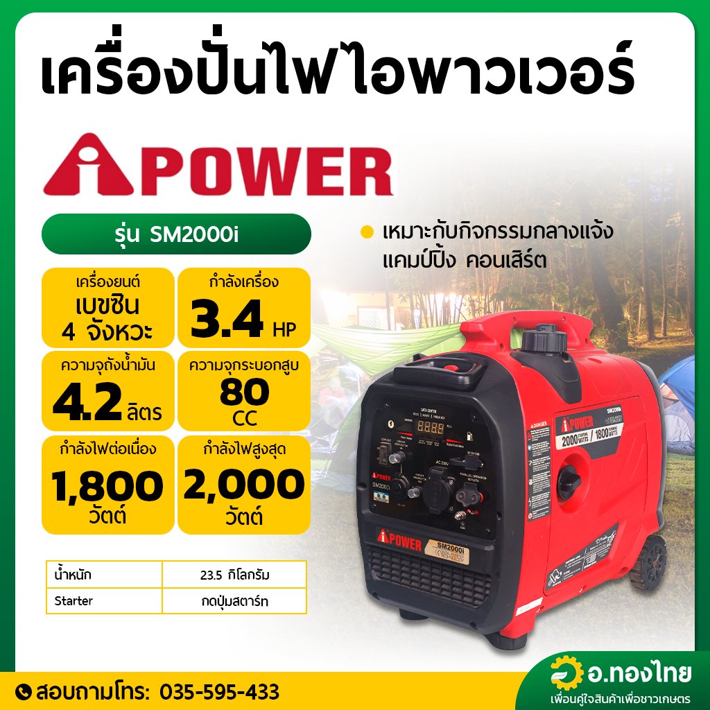 เครื่องปั่นไฟ อินเวอร์เตอร์ เบนซิน 2000W 3.4 แรงม้า รุ่น SM2000 ยี่ห้อ ...