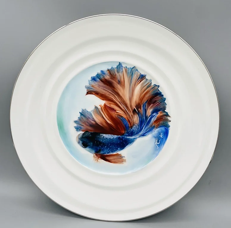 Siamese Betta Artisan Porcelain Plate | Silver Rim | Hand-Painted