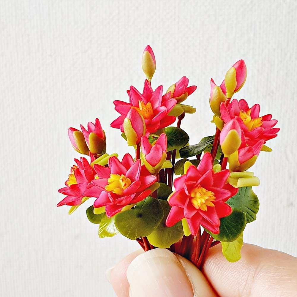 Pink Lotus Clay Flowers Handmade Miniatures