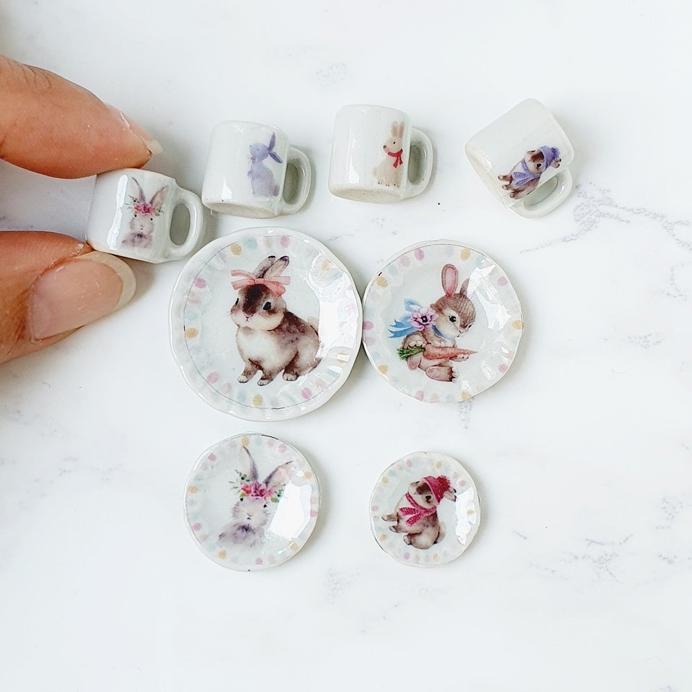Miniatures Ceramic Mugs Plates Handmade Rabbit Bunny Set