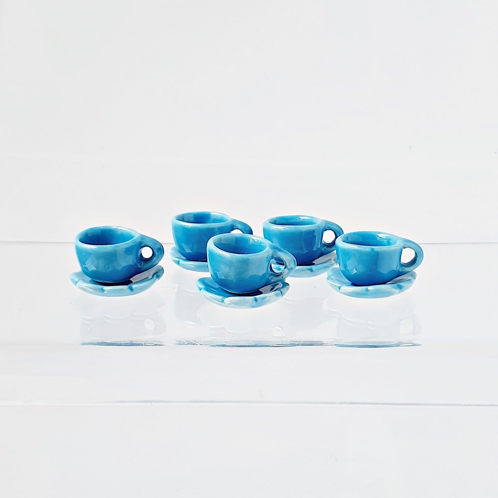 Ceramic Tableware Blue Coffee Tea Cups Saucers 5 Set