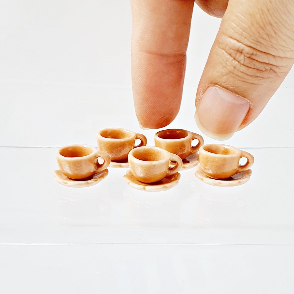 5 Set Ceramic Miniatures Orange Coffee Tea Cups Saucers