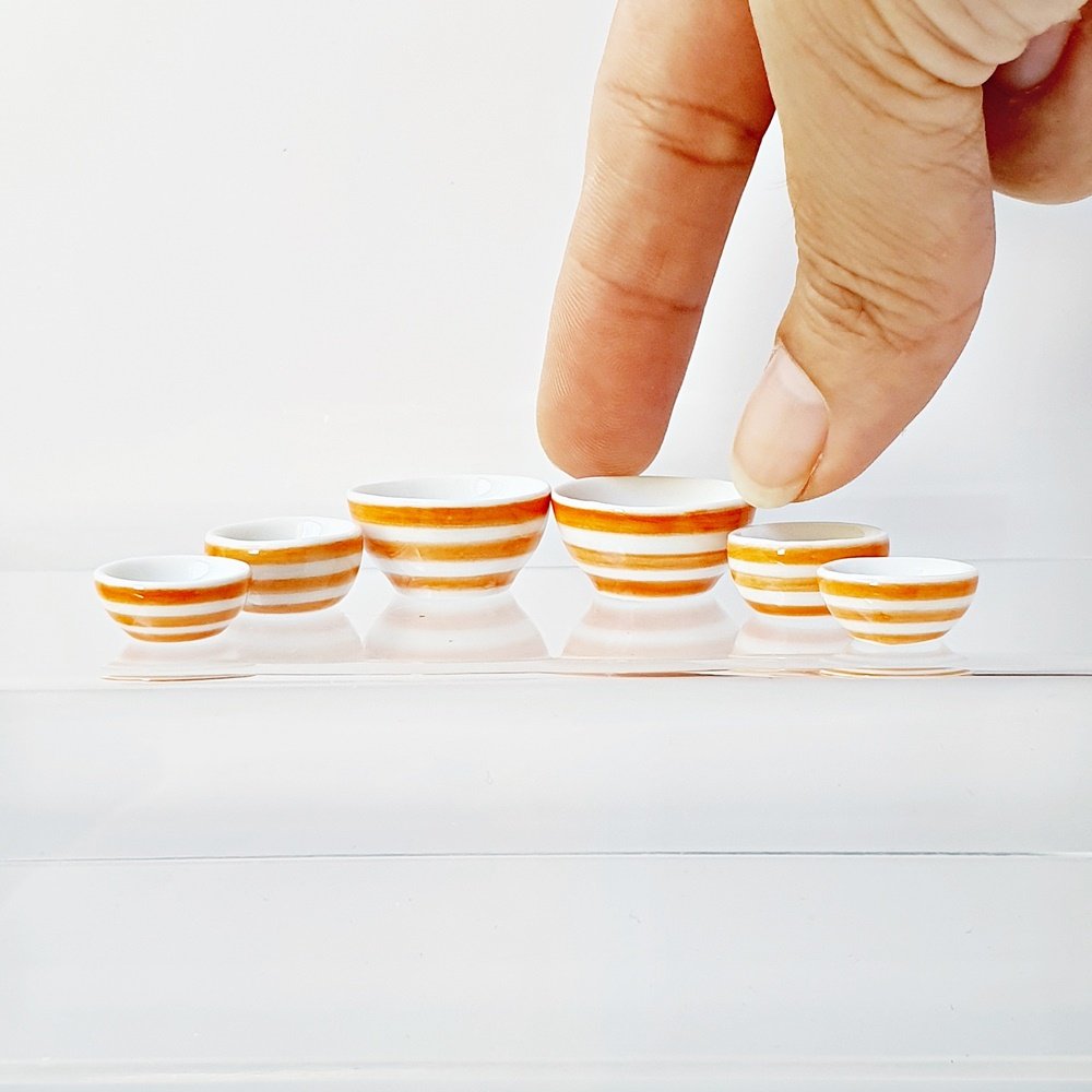 Ceramic Bowls Hand Painted Orange Strip Set 6 Pcs. 3 Size