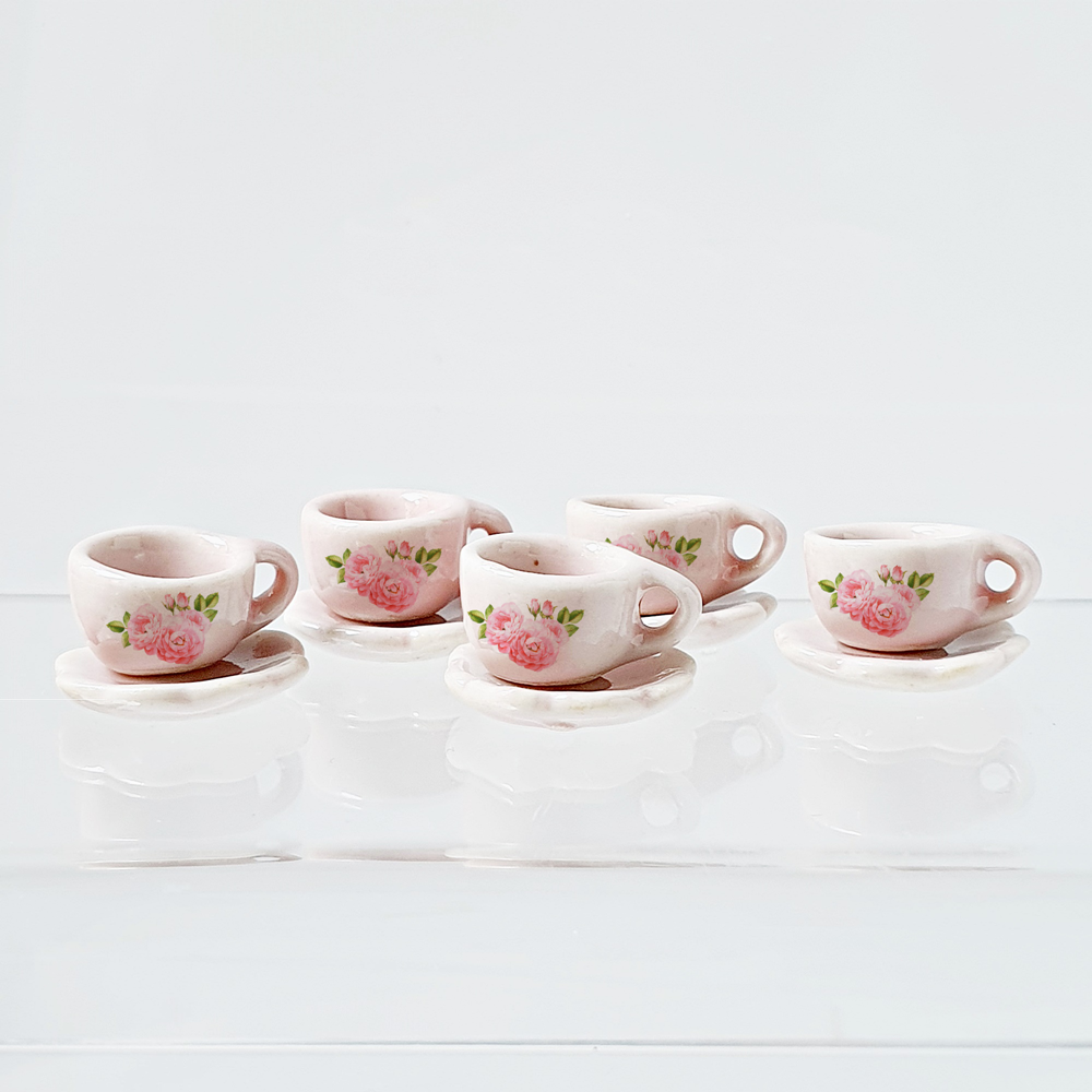Coffee Tea Cups Set Pink Rose Design