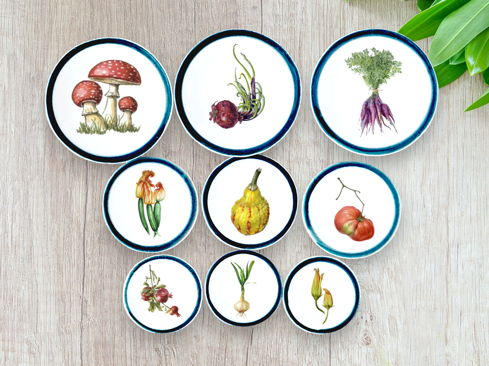 Botanical Vegetable Ceramic Plates Set 9 Pcs