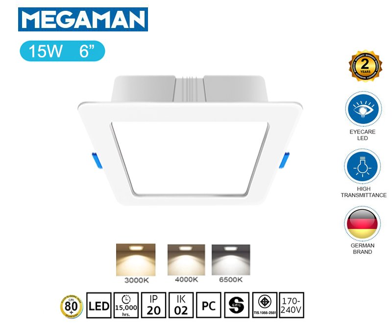 โคมไฟ Downlight  LED Panel 15W สี่เหลี่ยม ฝังฝ้า ขอบขาว (6 นิ้ว รุ่นประหยัด Driver ในตัว )