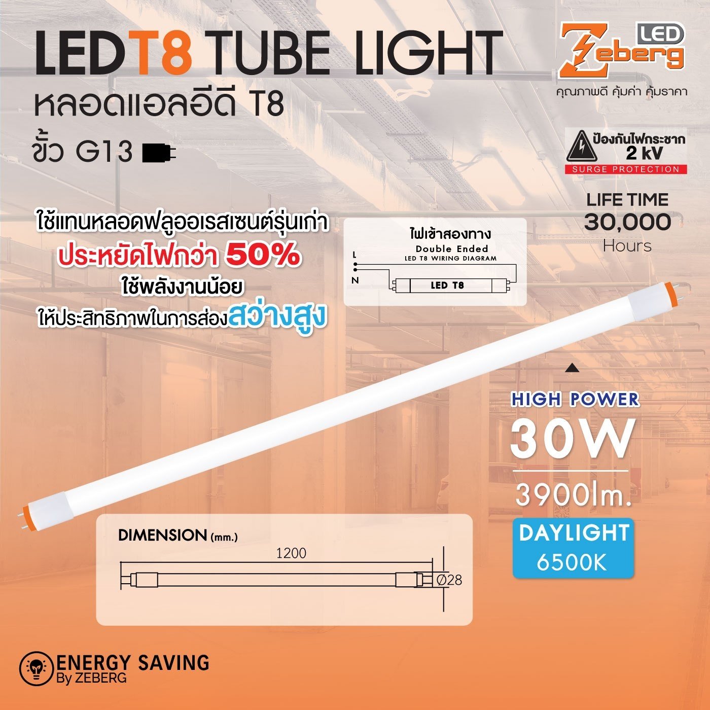 หลอดนีออน LED T8 30W 3900 Lumen Daylight (DOUBLE END) 120CM - 108-lighting