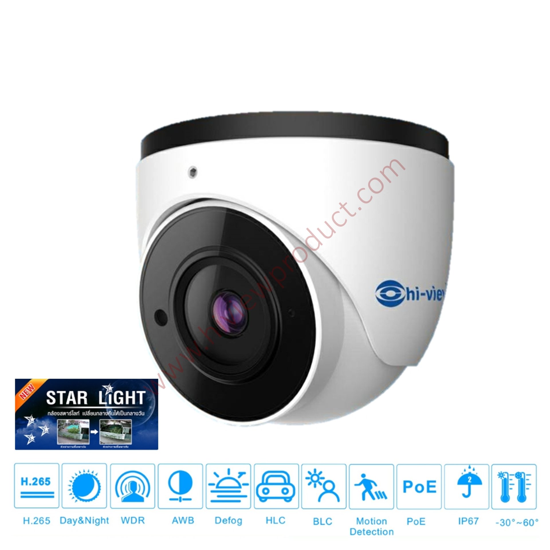 HP-97D20STPE กล้องวงจรปิดไฮวิว ระบบไอพี 2 ล้านพิกเซล ใช้งานภายใน บันทึกภาพสีแม้แสงน้อย  Hiview Dome Starlight IP Camera PoE 2 MP