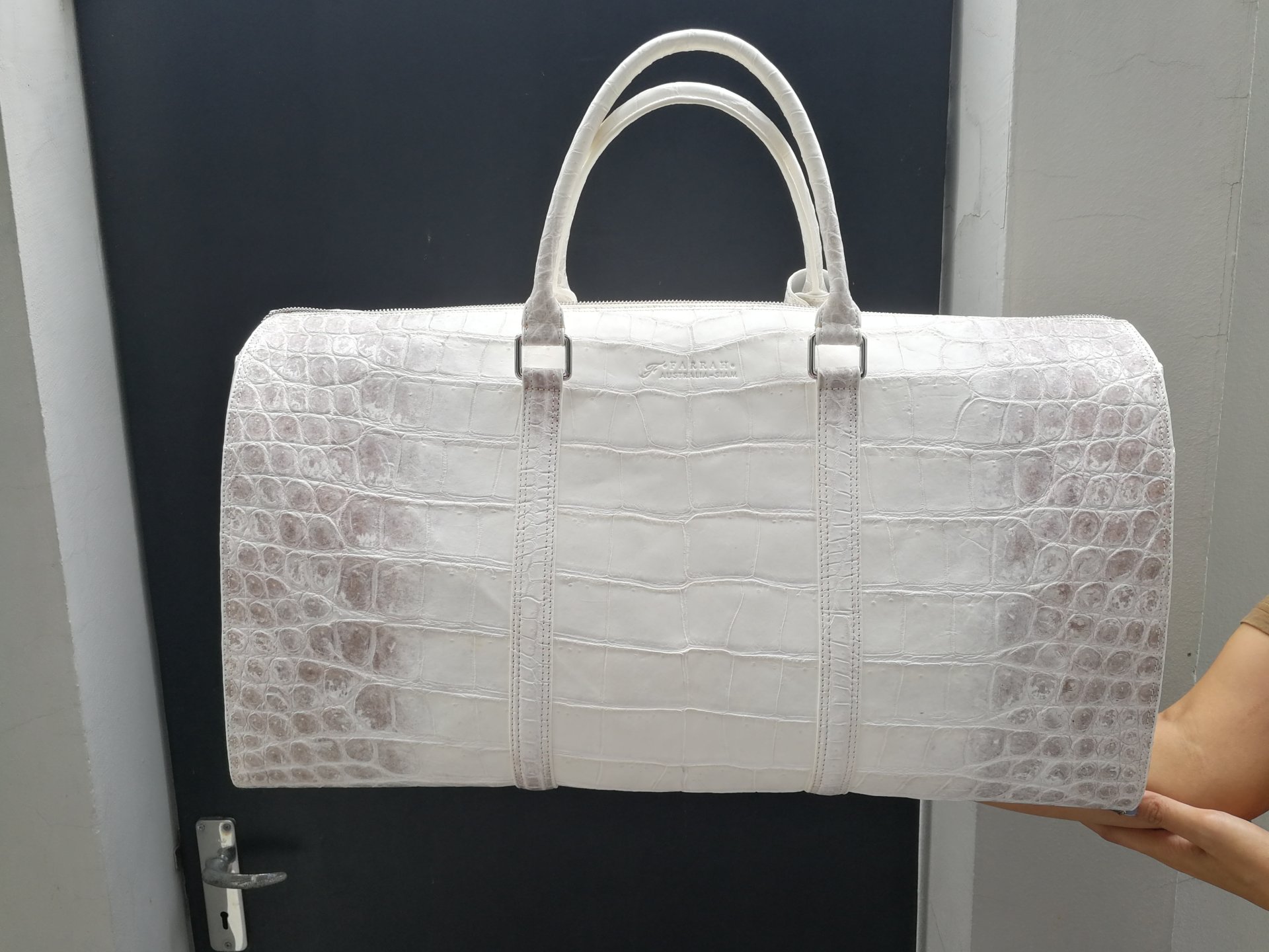Himalaya White Genuine Crocodile Leather Travel Duffel Bag, Mens