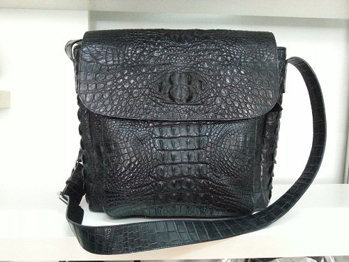 Black Crocodile Leather Messenger Bag #CRM333H-BR-BACK