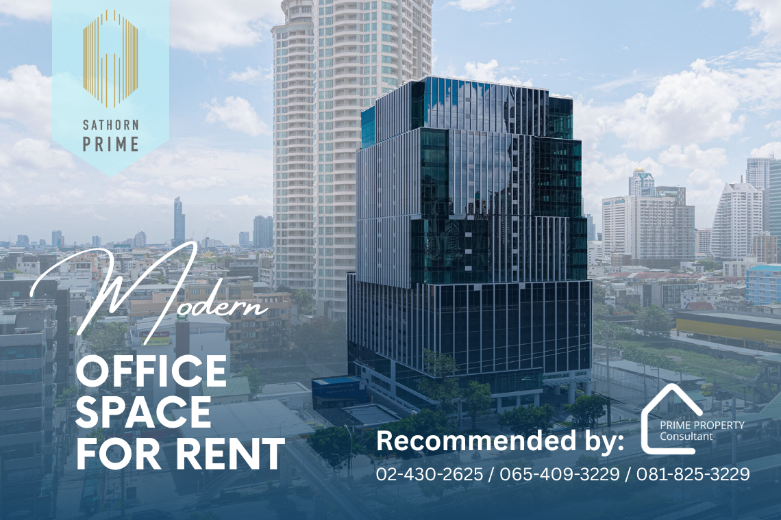 Modern high-rise office building Sathorn Prime with city skyline in background. Promotional banner for office space for rent in Bangkok Modern high-rise office building Sathorn Prime with city skyline in background. Promotional banner for office space for rent in Bangkok