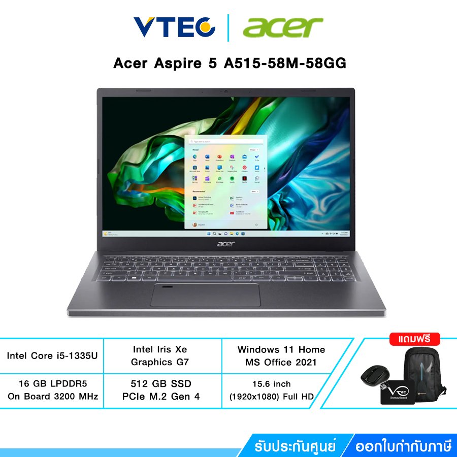 Acer Aspire 5 A515-58M-58GG | i5-1335U | Iris Xe | 15.6" | 16GB LPDDR5 | 512GB M.2 | Windows 11 + Microsoft 2021