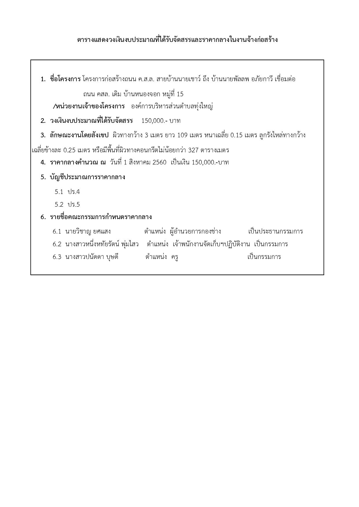 ประกาศราคากลางโครงการก่อสร้างถนน คสล.ม.15 สายบ้านนายเชาว์