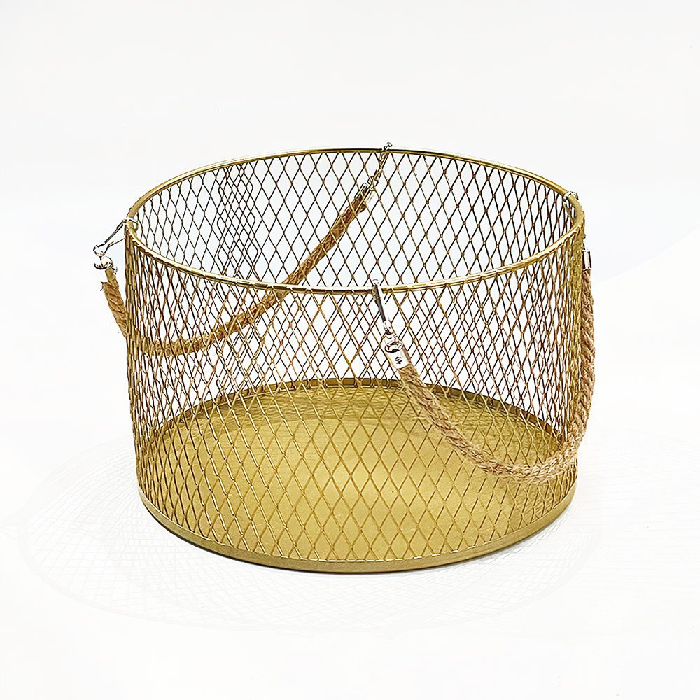 Round Gold Wired Basket w/ Rope Handle (L)