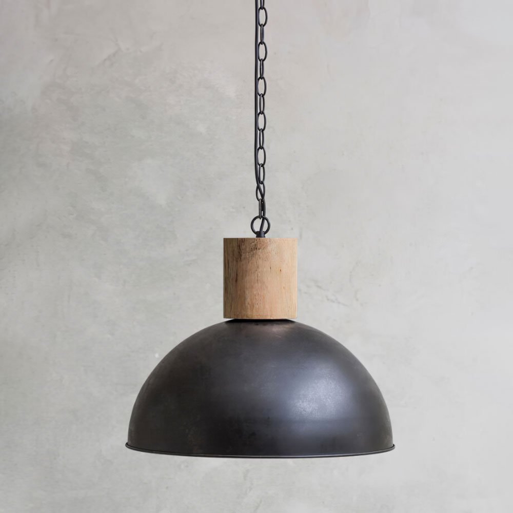Metal & Wood Pendant Lamp, Matte Black Finish