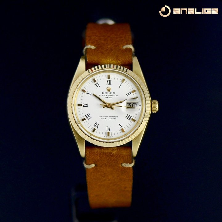 Rolex Date 34m Medium 14K - White Roman Dial - Leather Strap