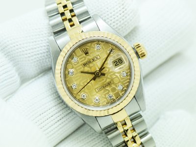 Rolex Datejust Steel & Yellow Gold 2กษัตริย์ หน้าปัดคอมทอง เพชรใน  สายจูบีรี่โปร่่ง สภาพสวย ขนาด Boy size 28มิล (นาฬิกามือสอง,นาฬิกาRolexมือสอง)