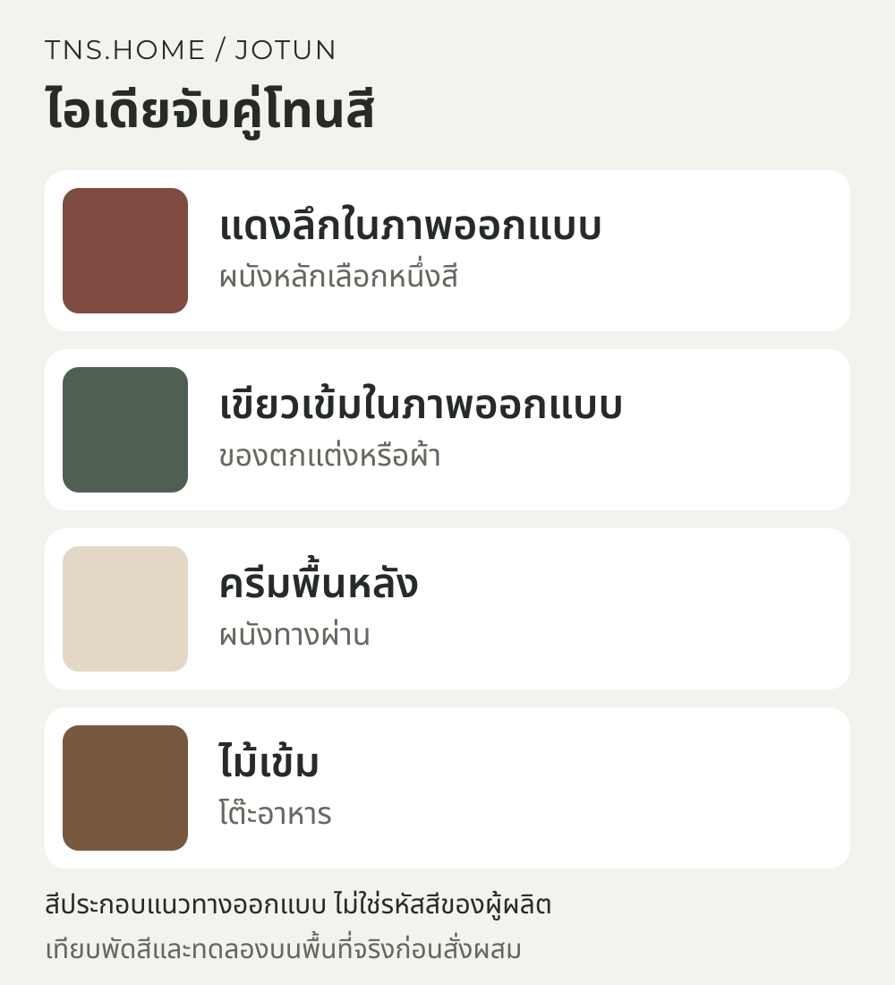 แผนภาพจับคู่สีสำหรับ ห้องอาหารโทนแดงลึกเขียวเข้ม จาก Passage of Time ของ Jotun