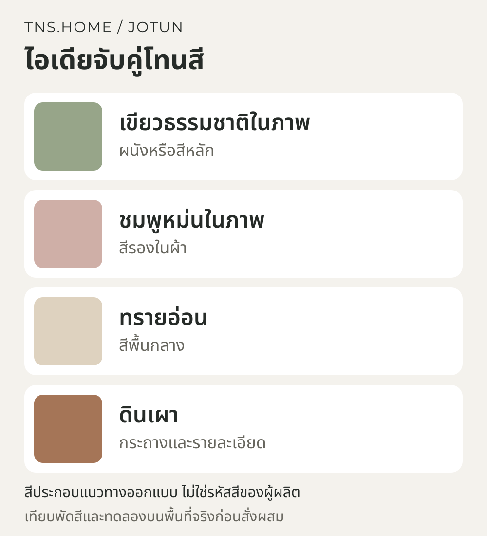 แผนภาพจับคู่สีสำหรับ มุมนั่งเล่นเขียวชมพูจาก Joyful Living ของ Jotun ใช้สีสดแค่ไหน