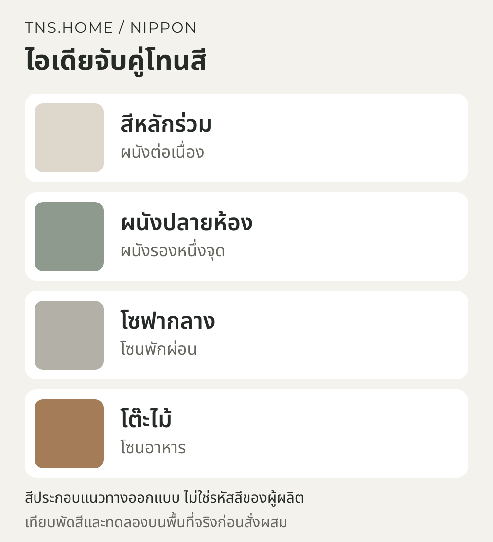 แผนภาพจับคู่สีสำหรับ ห้องนั่งเล่นต่อห้องอาหาร ใช้ Nippon Vinilex ภายในวางขอบเขตสีให้ต่อเนื่อง