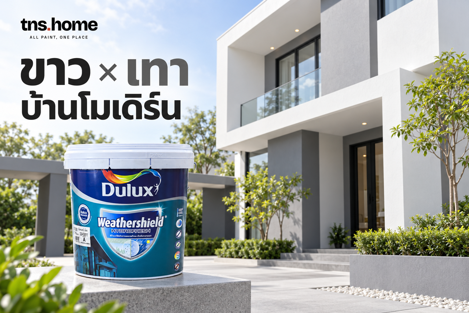 บ้านโมเดิร์นขาวเทากับ Dulux Hydrofresh วางสีตามระนาบผนัง พร้อมภาพผลิตภัณฑ์ ดูลักซ์ เวเธ่อร์ชีลด์ ไฮโดรเฟรช (Dulux Weathershield Hydrofresh)  เบส A
