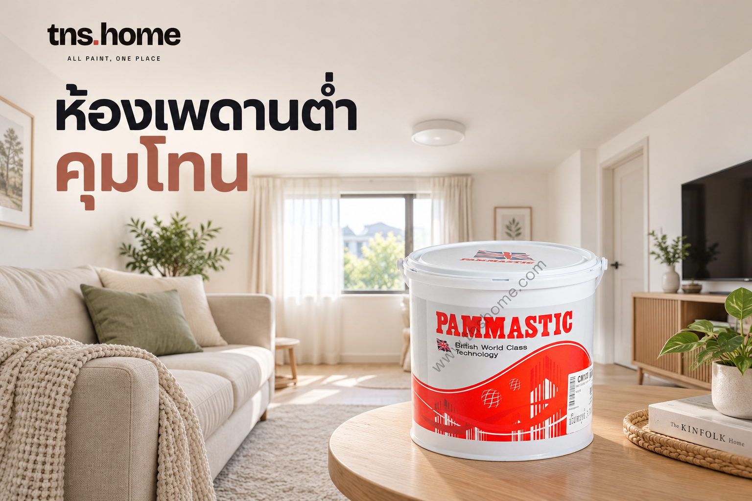 ห้องเพดานต่ำ จัดโทนผนังและฝ้า Pammastic ให้ภาพรวมดูโปร่ง พร้อมภาพผลิตภัณฑ์ สีทาฝ้าเพดาน Pammastic CM100 ปามมาสติก ซีเอ็ม 100 สีน้ำอะคริลิก ชนิดด้านพิเศษ