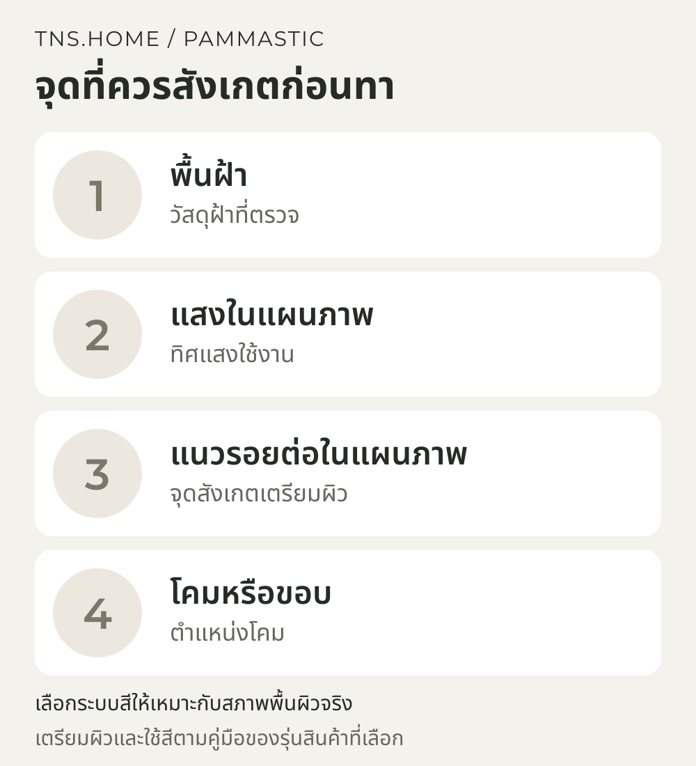 ภาพสรุปจุดสังเกตพื้นฝ้า ทิศแสง รอยต่อ และตำแหน่งโคม ก่อนทาสีฝ้า Pammastic CM100