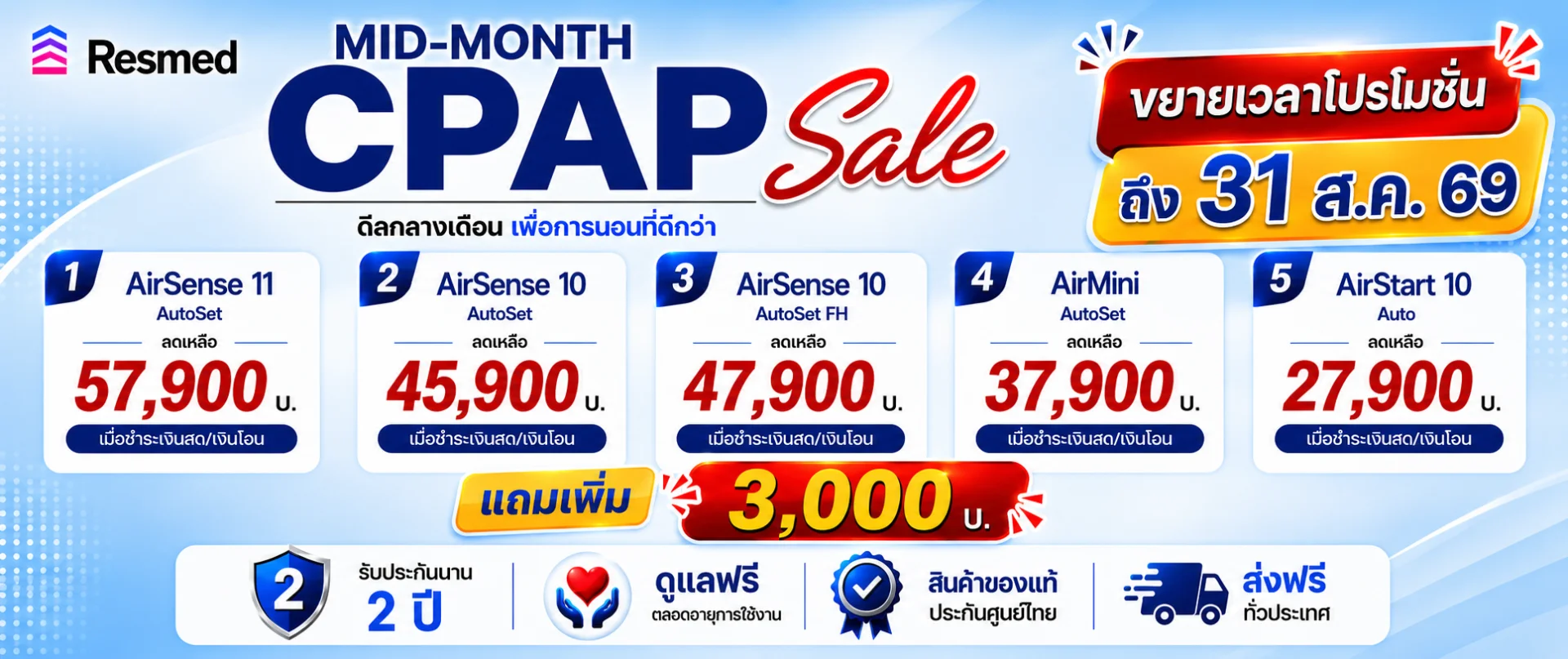 โปรสุดคุ้ม ซื้อ CPAP Resmed วันนี้ ลดทันที + แถมเพิ่มสูงสุด 3,500.-