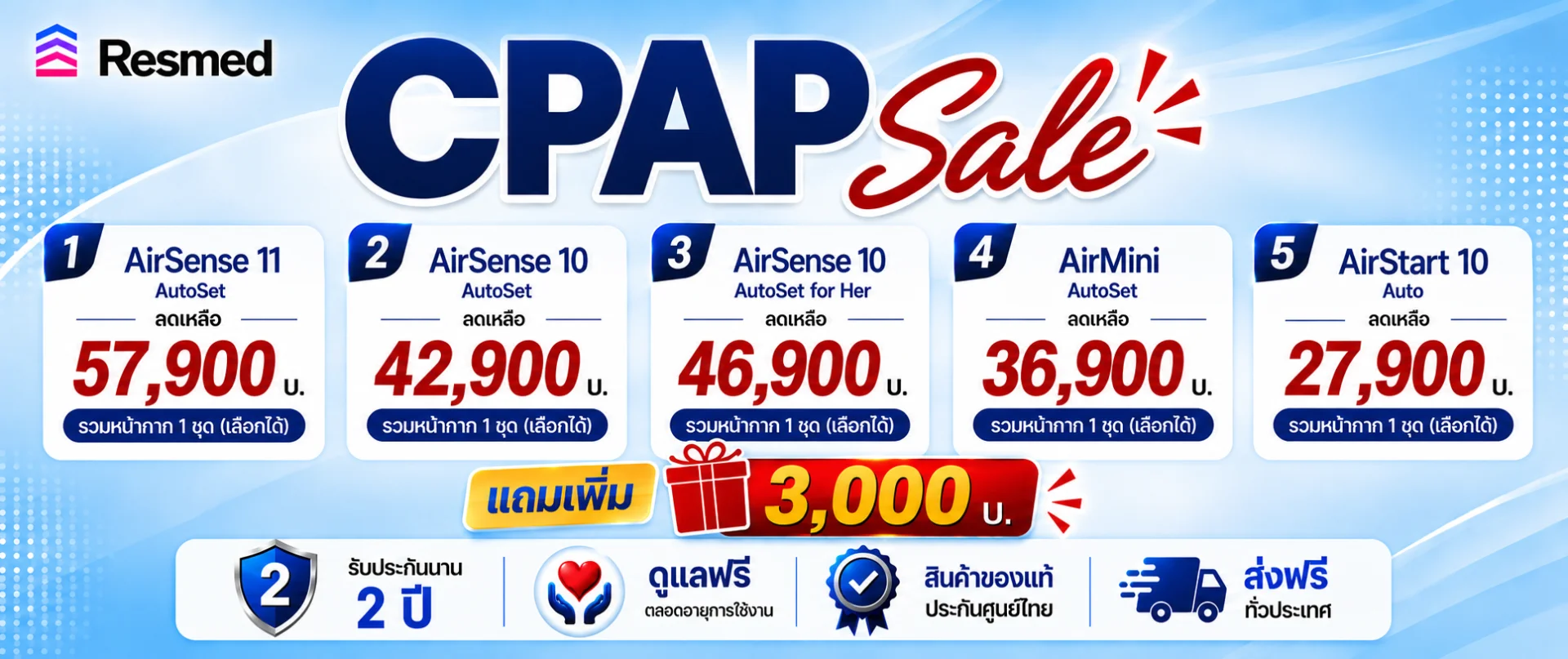 โปรสุดคุ้ม ซื้อ CPAP Resmed วันนี้ ลดทันทีทุกรุ่น + แถมเพิ่มสูงสุด 3,500.-