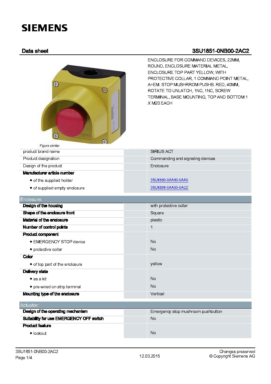3SU18510NB002AC2 Siemens 3SU1 Series Yellow Emergency Stop aimgroup