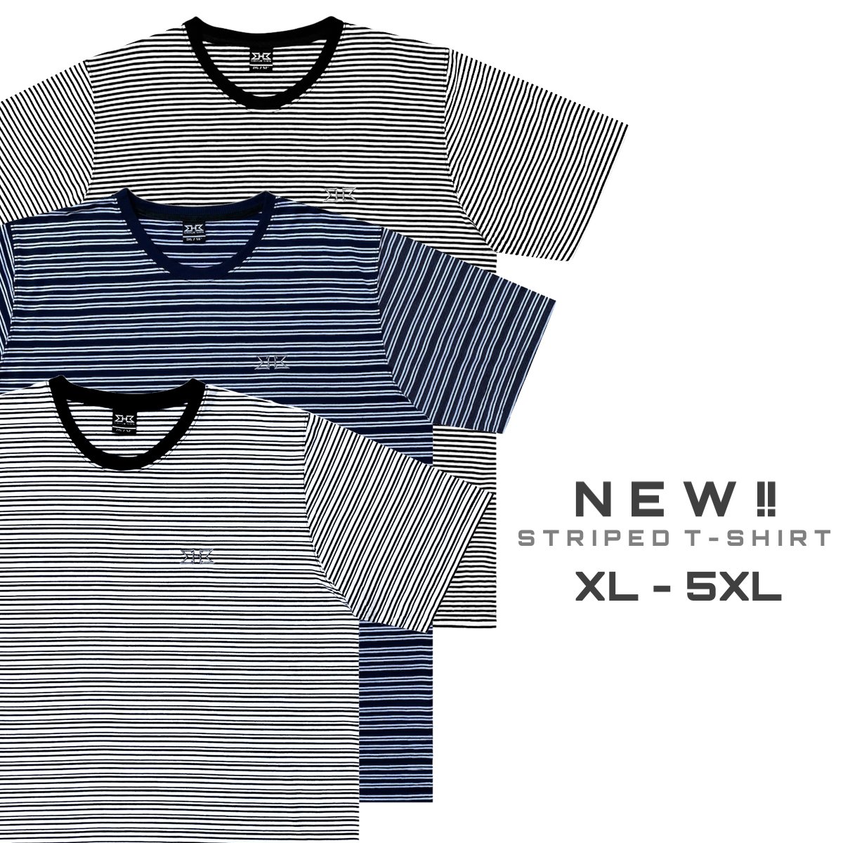 เสื้อยืดแขนสั้น คอตต้อน ลายริ้ว ใหม่ XL 48”- 5XL 64”