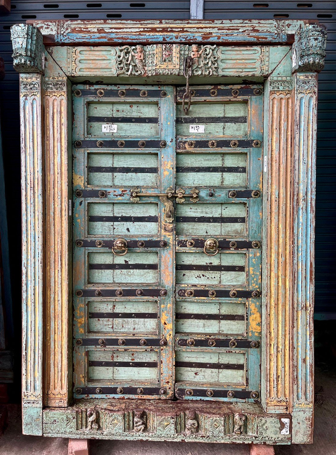 M116 ประตูอินเดียโบราณสีฟ้าเขียววินเทจ