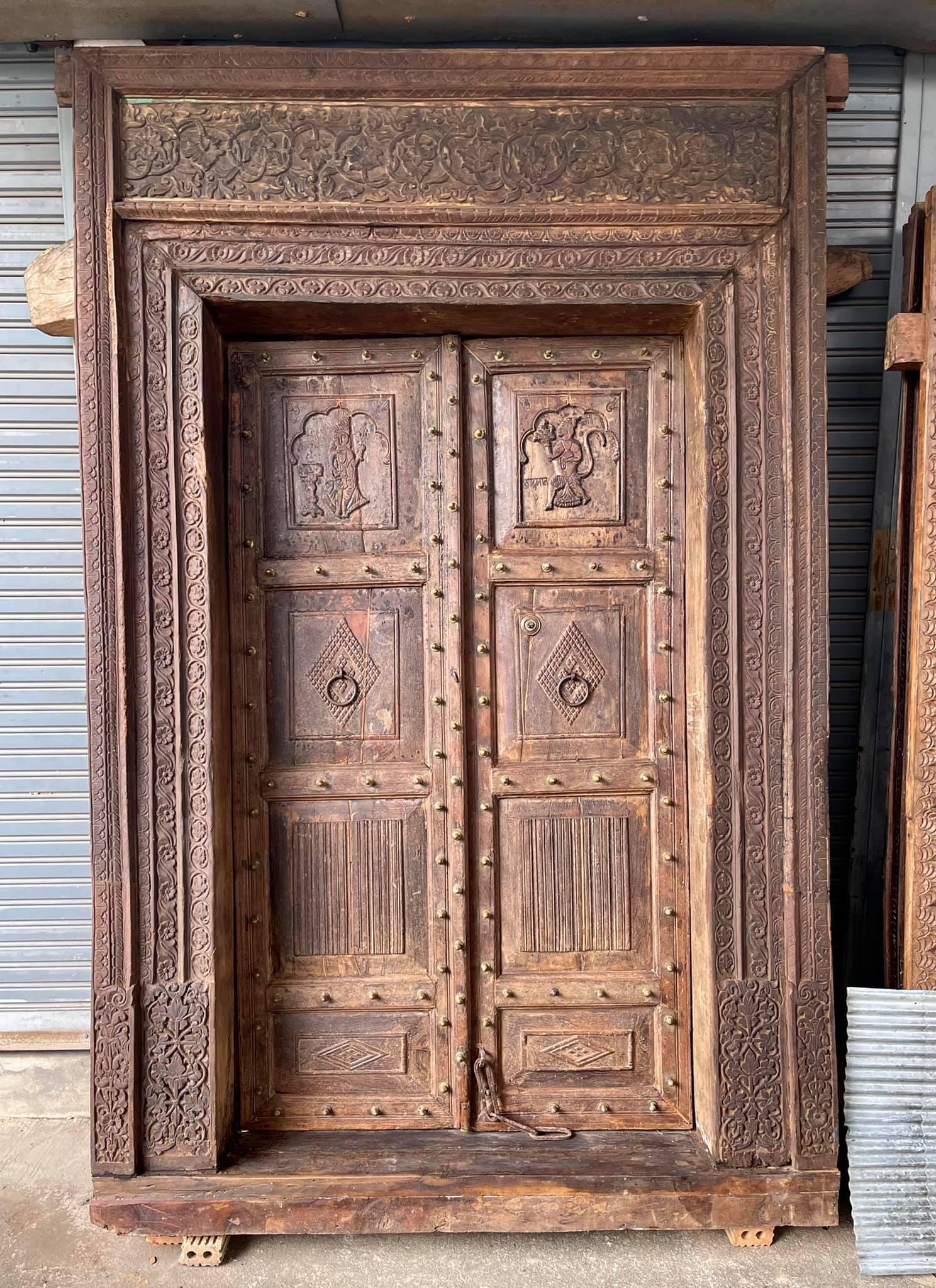 2XL55 Palace Door with Saraswati and Hanuman Carved