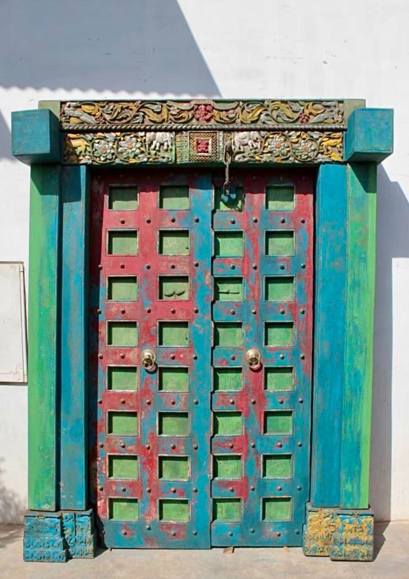 L59 Teak Door with Carved Frame in Blue color