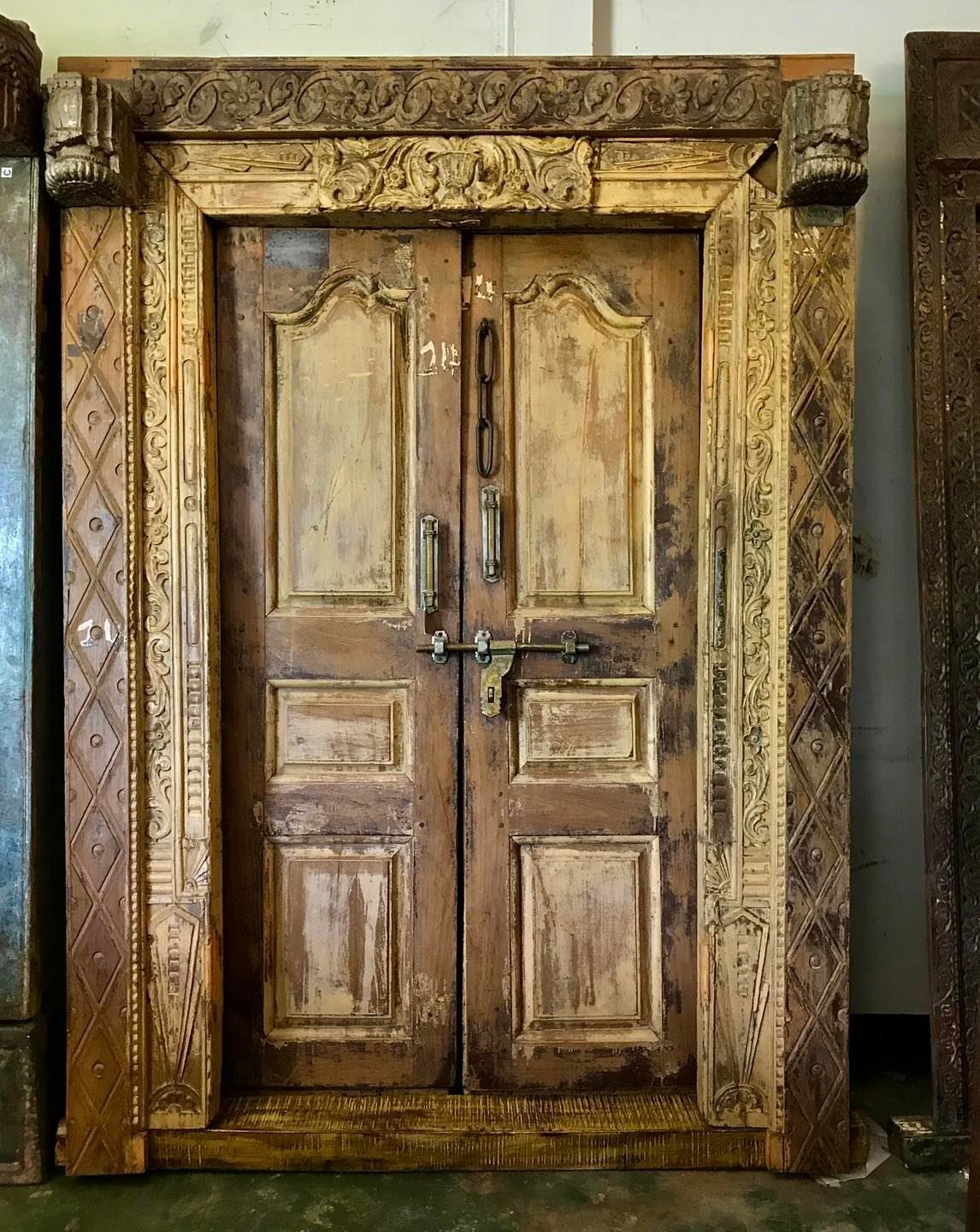 L12 Vintage Teakwood Colonial Door with Carved Frame