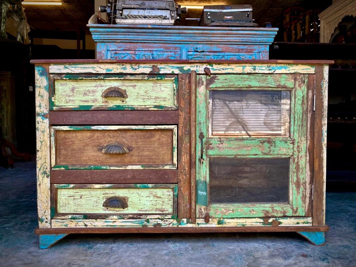 CTS18 Vintage Green Glass Cabinet with Drawers