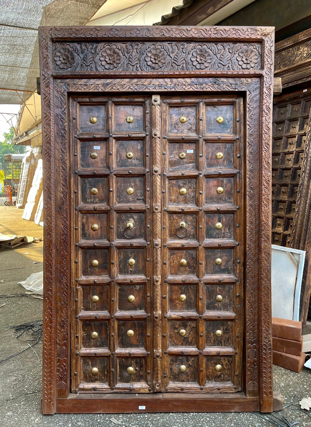 Indian Brass Door with Floral Carving on Top Panel