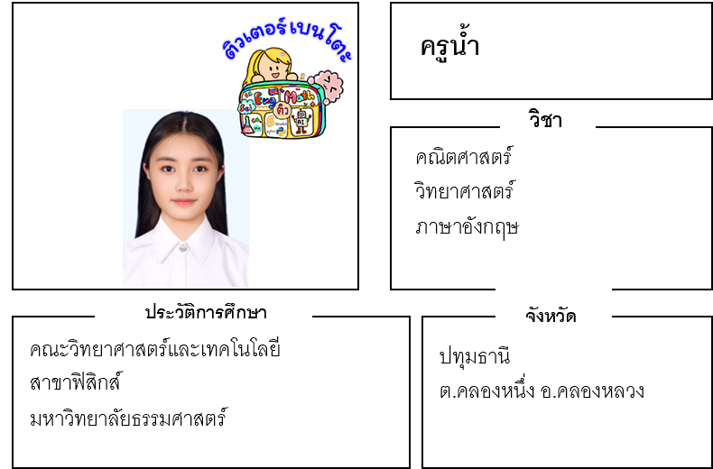 เรียนพิเศษปทุมธานี ครูน้ำ 24271 สอนคณิตศาสตร์ วิทยาศาสตร์ ภาษาอังกฤษ