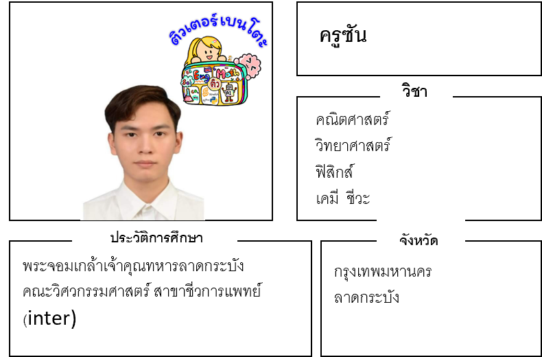 เรียนพิเศษลาดกระบัง ครูซัน 24275 สอนคณิตศาสตร์ วิทยาศาสตร์ ฟิสิกส์ เคมี ชีวะ