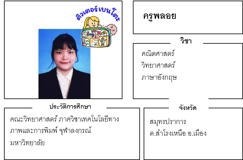 เรียนพิเศษสมุทรปราการ ครูพลอย 24286 สอนคณิตศาสตร์ วิทยาศาสตร์ ภาษาอังกฤษ