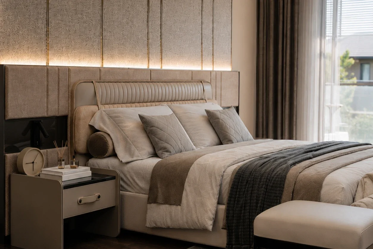 ห้องนอนพร้อมหัวเตียงบุผ้าและม้านั่ง — Penthouse Design Group